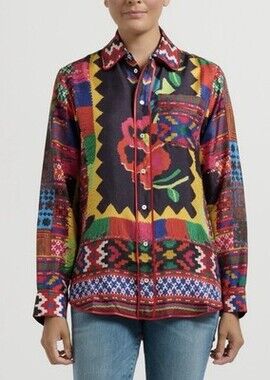 Pierre-Louis Mascia 100% Silk Aloe Shirt in Red/Black & Yellow Tappeto Size XS